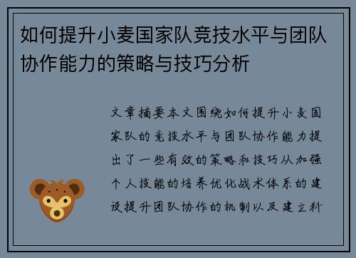 如何提升小麦国家队竞技水平与团队协作能力的策略与技巧分析