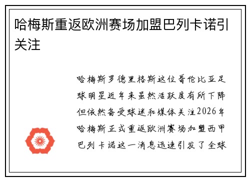 哈梅斯重返欧洲赛场加盟巴列卡诺引关注